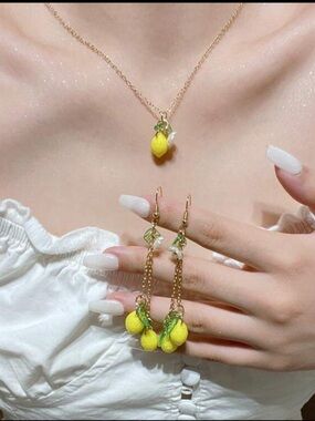 necklace and matching dangle earrings set vibrant yellow lemon charms